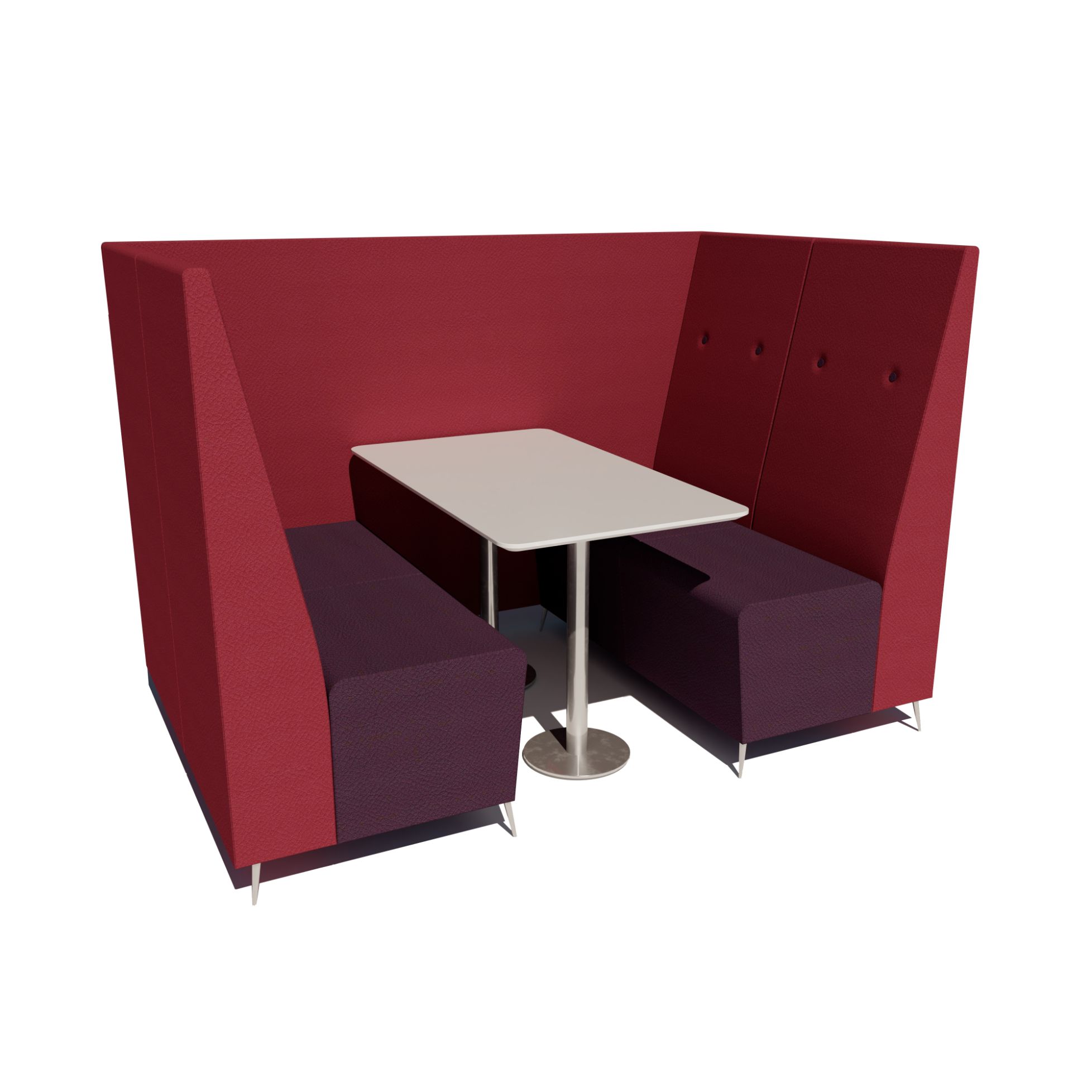 four person banquette seating unit with a link panel and an EDT 4, MFC finish table and a stainless steel column leg